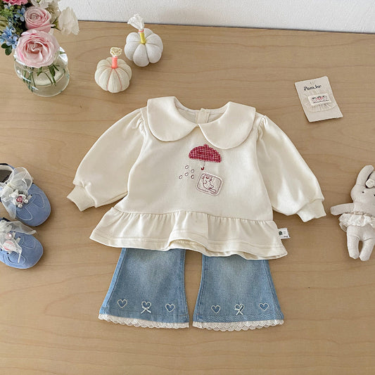 【BABY】韓国風襟付きスウェット、ハートデニムパンツSK103422