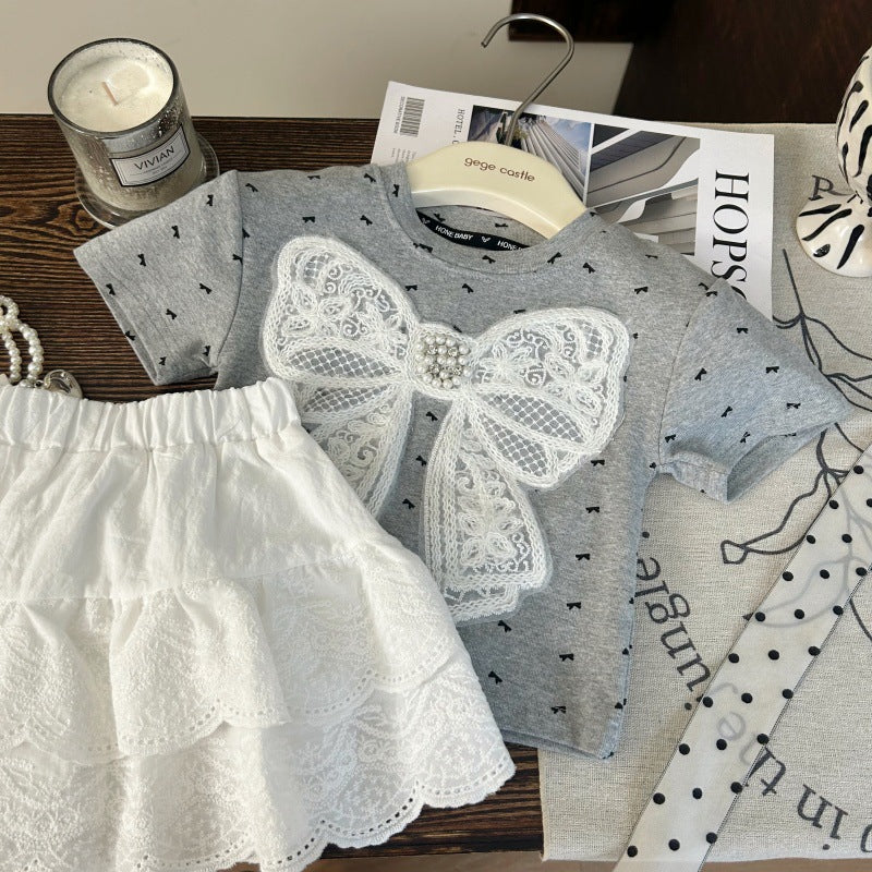 【BABY&KID】夏新作 蝶結び半袖Tシャツ、白レーススカートパンツSK092229