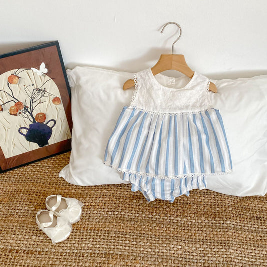【BABY&KID】夏新作 刺繍ストライプノースリーブセットアップSK071927