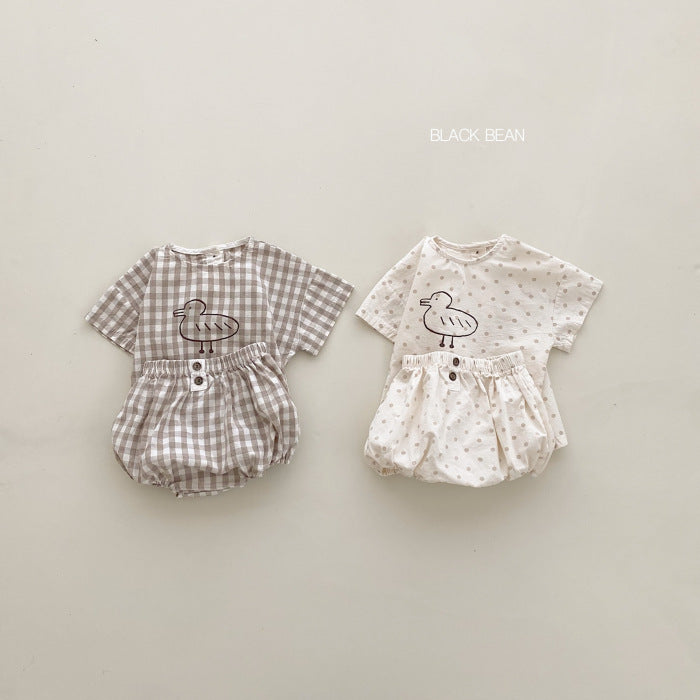 【BABY】夏新作 ドット/チェックあひるプリントセットアップSK010208