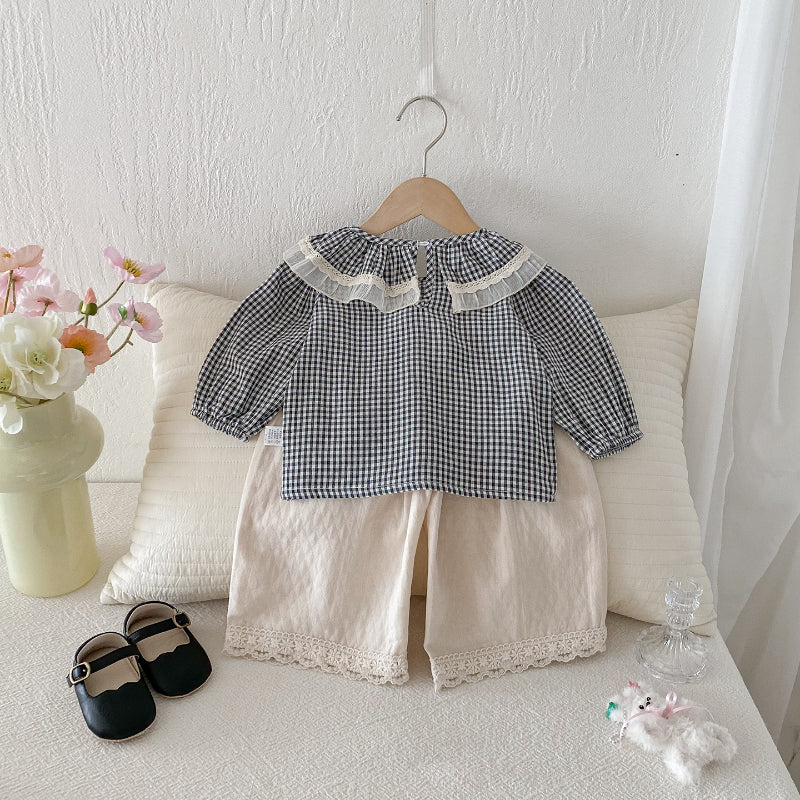 【BABY】チェックレースブラウス、ベージュワイドパンツSK101430