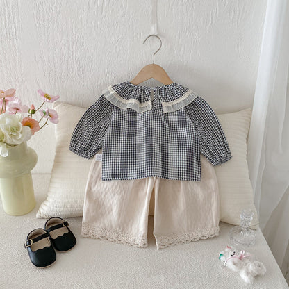 【BABY】チェックレースブラウス、ベージュワイドパンツSK101430