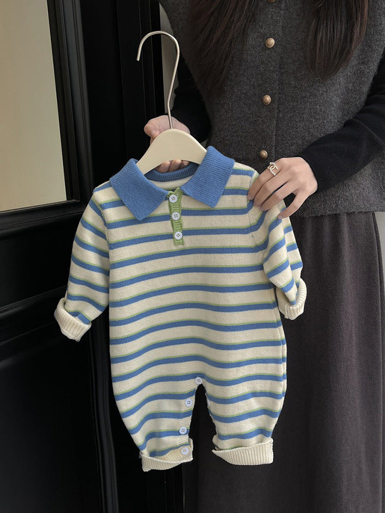 【BABY】暖かいボーダートップス、ロンパースSK022004
