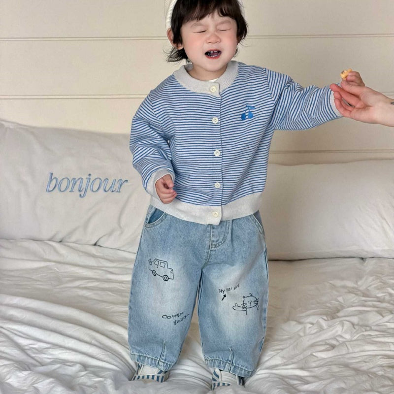 【BABY&KID】ボーダーカーディガン、カートゥーン柄デニムパンツ、ロゴプリント長袖SK104009
