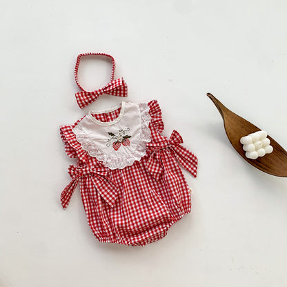 【BABY】夏新作 イチゴ柄チェックロンパースSK062302