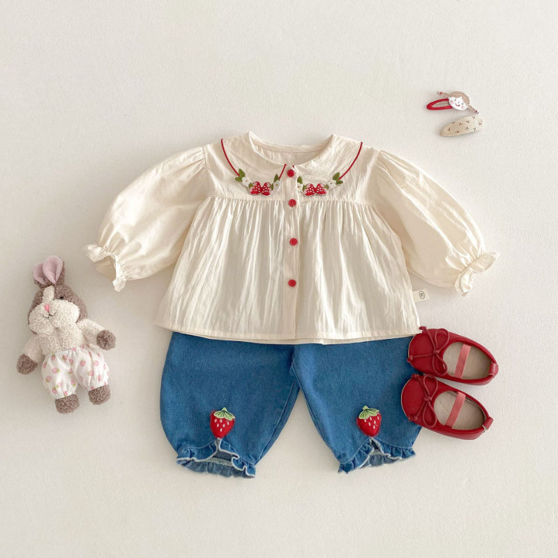 【BABY&KID】いちご刺繍ブラウス、いちごデニムパンツSK100319