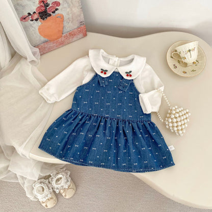 【BABY&KID】リボンジャンパースカート、さくらんぼ刺繍襟ＴシャツSK100843