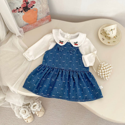 【BABY&KID】リボンジャンパースカート、さくらんぼ刺繍襟ＴシャツSK100843