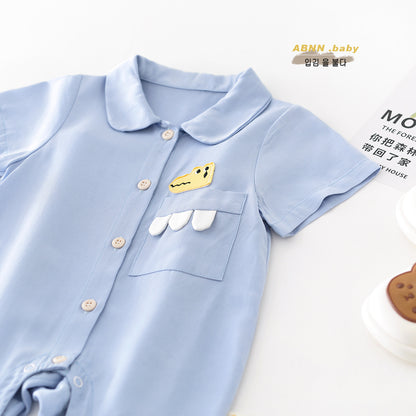 【BABY】夏新作 ワニワッペン付き ブルーロンパースSK070810