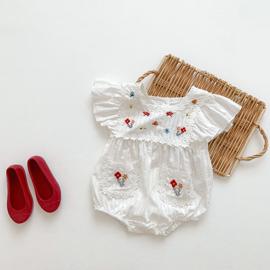 【BABY】夏新作 花刺繍スクエアネックロンパースSK090704