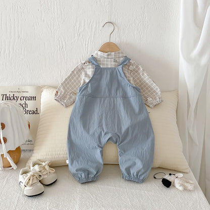 【BABY】いぬチェックシャツ&いぬサロペットパンツSK100427