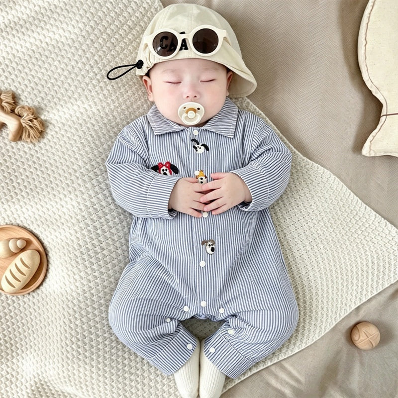 【BABY】ブルーピンストライプいぬ刺繍カバーオールSK106713
