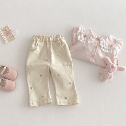 【BABY&KID】夏新作 ピンク刺繍ブラウス、刺繍フレアパンツセットSK070610