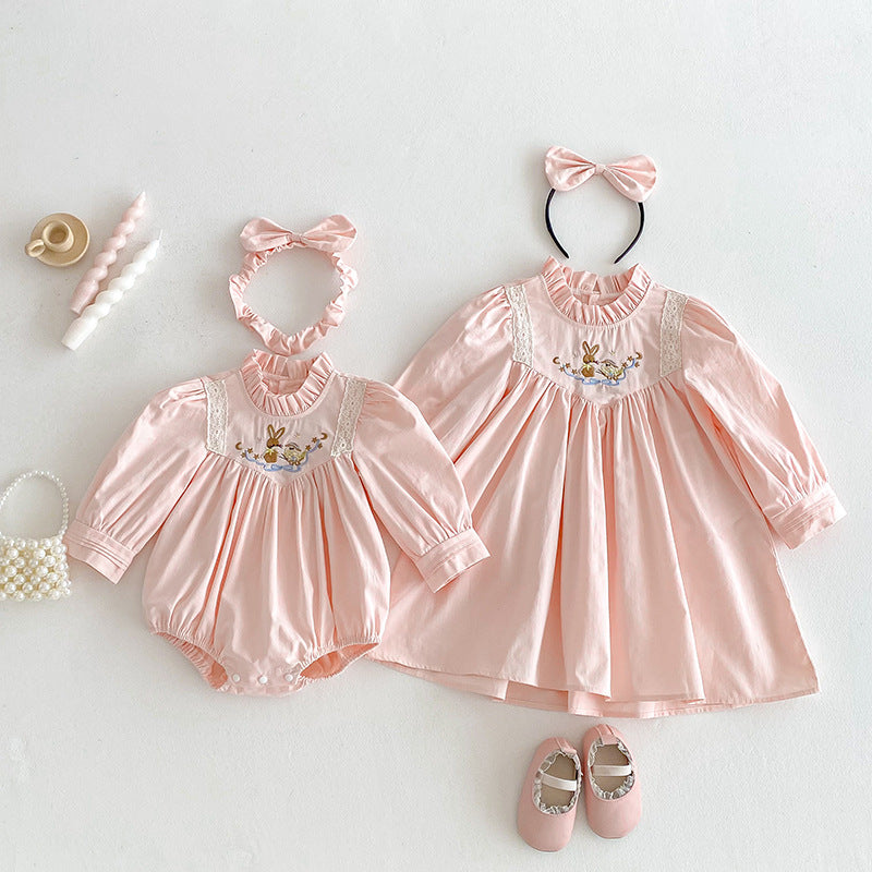 【姉妹服】うさぎ刺繍ロンパース、ワンピースSK101129
