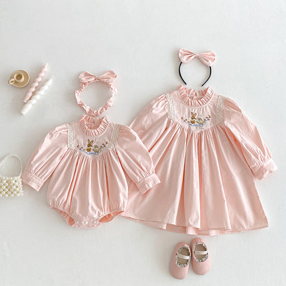 【姉妹服】うさぎ刺繍ロンパース、ワンピースSK101129