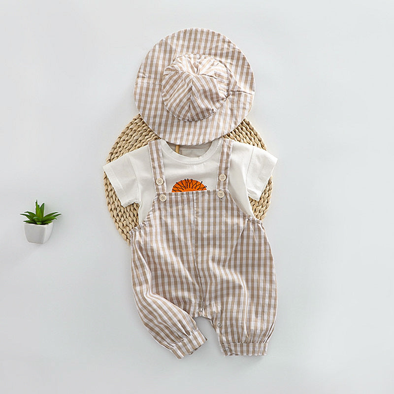 【BABY】夏新作 チェックorドットサロペットロンパース＆ライオンプリントTシャツ＆帽子3点セットSK010207