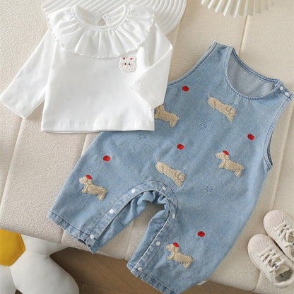 【BABY】りんご&犬柄デニムサロペット、うさぎ刺繍TシャツSK100536