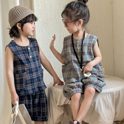 【BABY&KID】夏新作 ポケット付きチェックセットアップSK072107