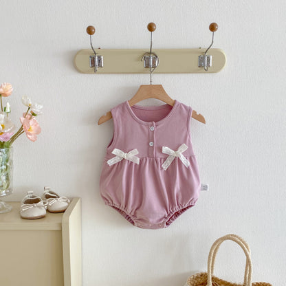 【BABY】リボンクルーネックロンパース、花刺繍カラーTシャツSK100741