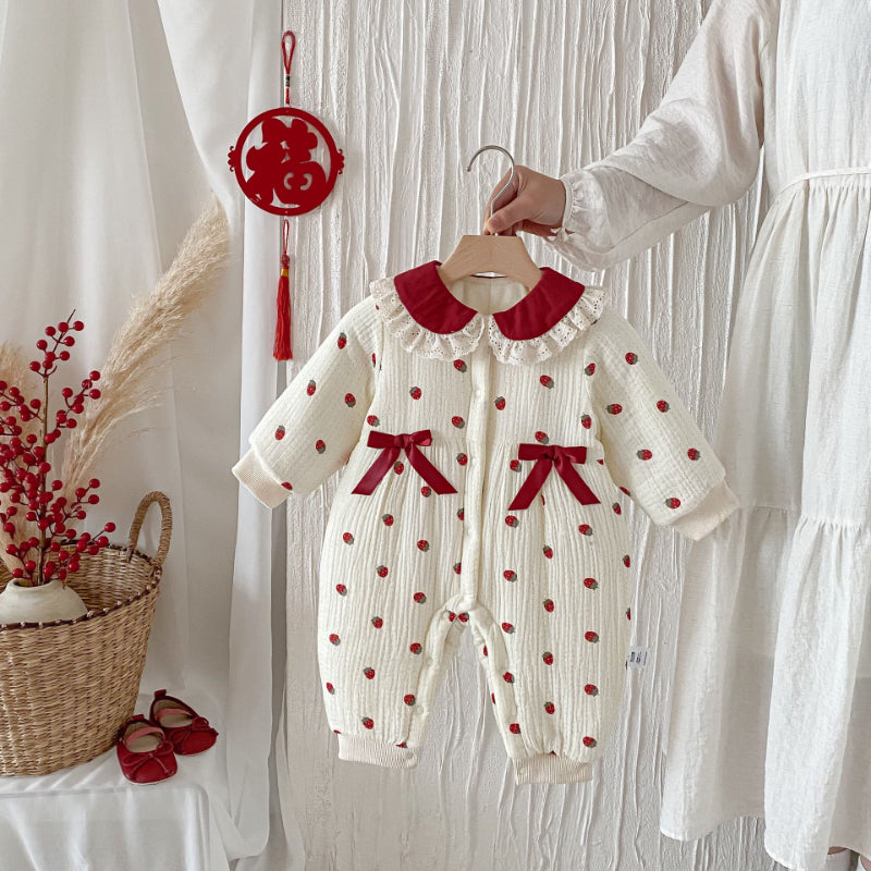 【BABY】冬新作いちご柄レース襟カバーオールSK102710