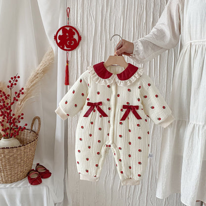 【BABY】冬新作いちご柄レース襟カバーオールSK102710