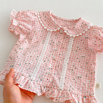 【BABY&KID】夏新作小花柄レースフリルシャツ、パンツSK105022