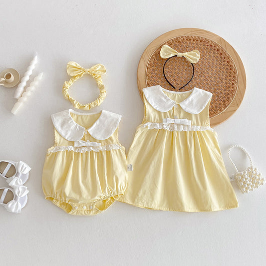 【姉妹服】夏新作 クリームイエローロンパース、ワンピースSK081635