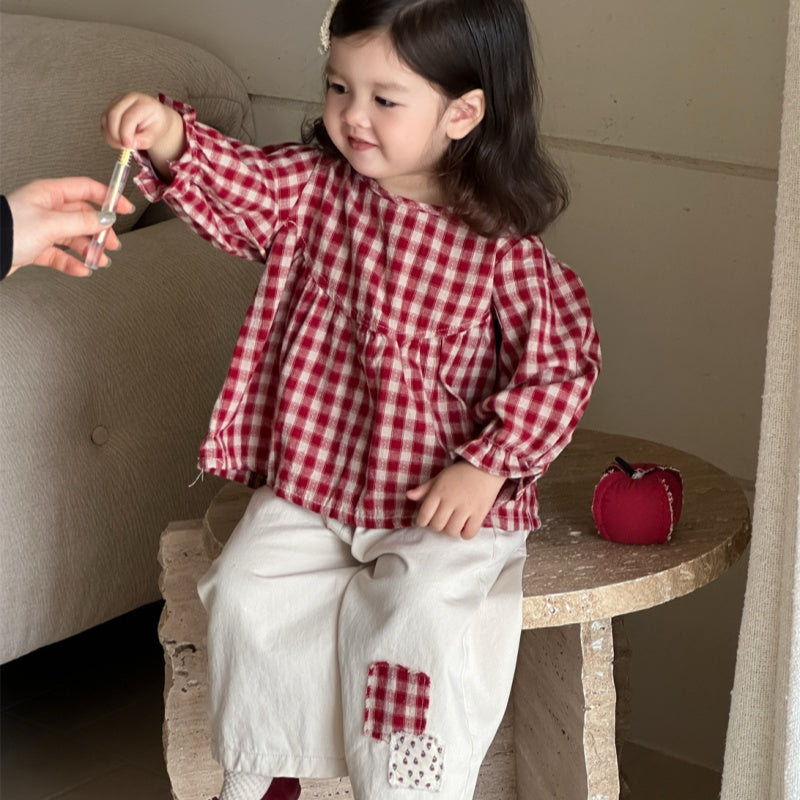 【BABY&KID】レッドチェックブラウス、ベージュパンツSK100839