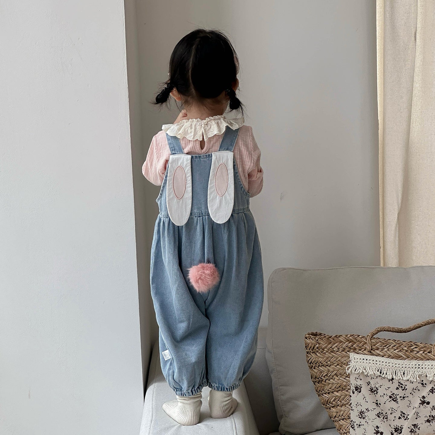【BABY】うさ耳デニムサロペットパンツ/レース襟TシャツSK100446