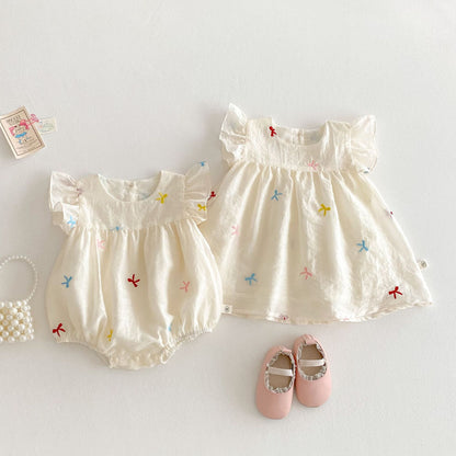 【姉妹服】夏新作  フリル蝶結び柄ロンパース、ワンピースSK061603