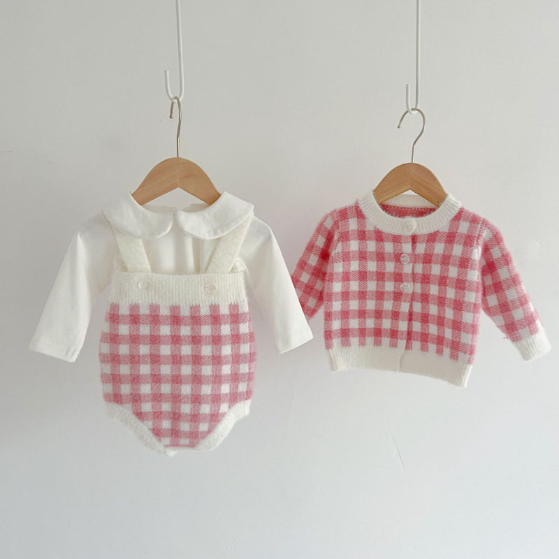【BABY】チェックサロペットロンパース、カーディガンSK101535