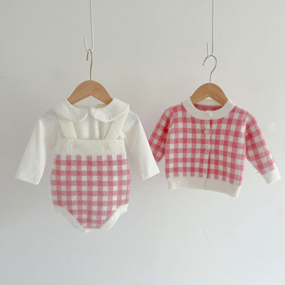 【BABY】チェックサロペットロンパース、カーディガンSK101535