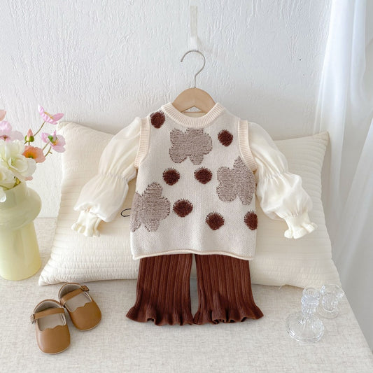 【BABY&KID】花柄ベスト&パフ袖トップス&ニットパンツ3点セットSK100332