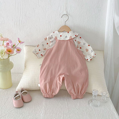 【BABY】小さな襟シャツ＆きのこサロペット2点セットSK092302