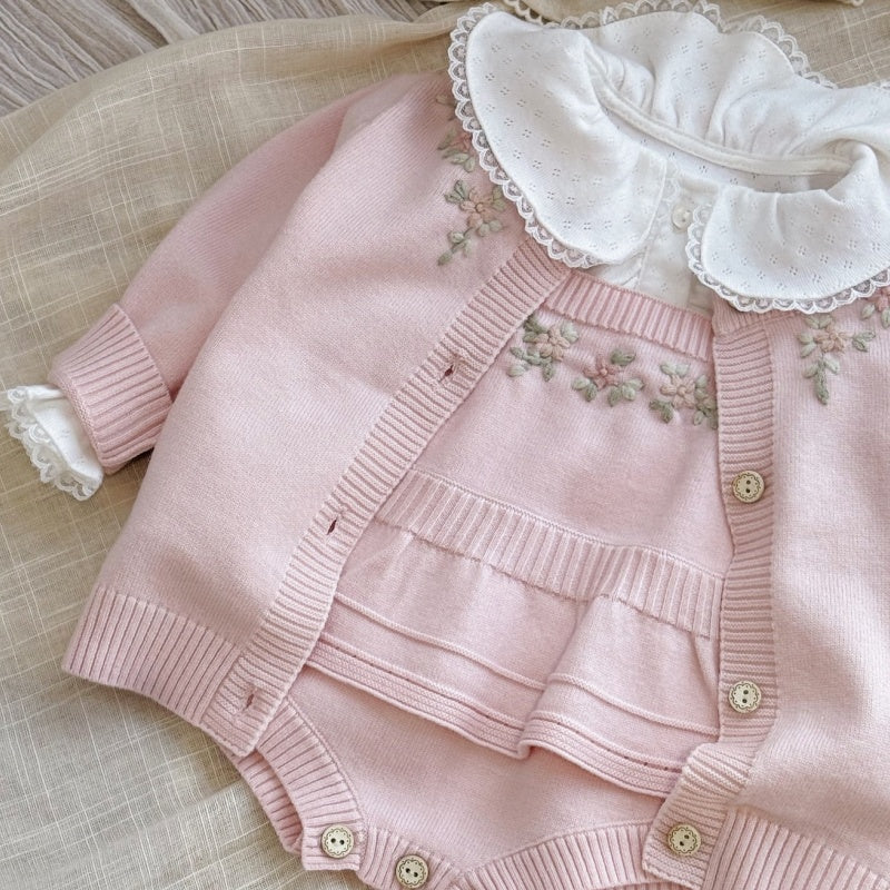 【BABY】フリル刺繍ニットロンパース、ニットカーディガンSK106917