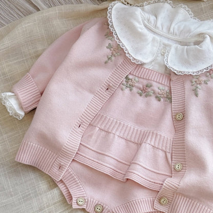 【BABY】フリル刺繍ニットロンパース、ニットカーディガンSK106917