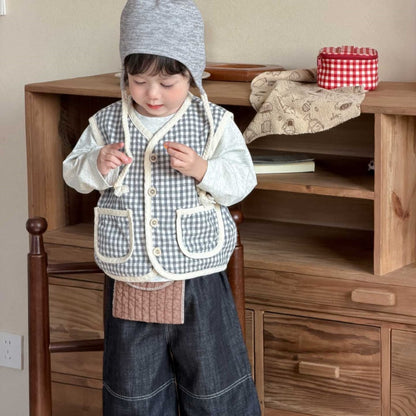 【BABY&KID】チェックベスト、ぞうさん長袖、ストレートデニムパンツSK104011