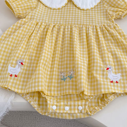 【BABY】夏新作 チェックあひる刺繍ロンパースSK104907
