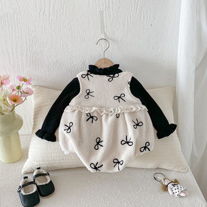 【BABY】冬新作 ボアリボン刺繍ロンパースSK102107