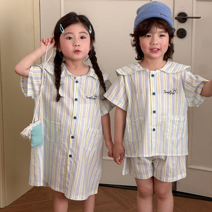 【BABY&KID】夏新作 ポケット付きストライプワンピース、セットアップSK072108