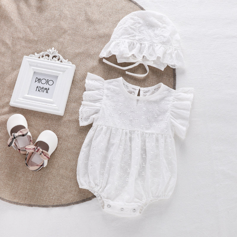 【BABY】夏新作 花柄刺繍レースロンパース&帽子SK090701