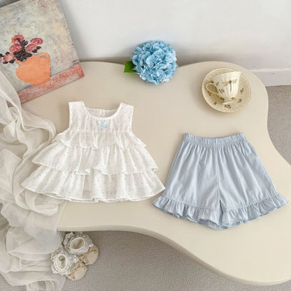【BABY&KID】夏新作ドットノースリーブブラウス＆フリルショートパンツSK105413