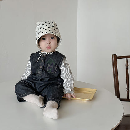 【BABY】英字プリントデニムサロペット、ボーダーTシャツSK010327