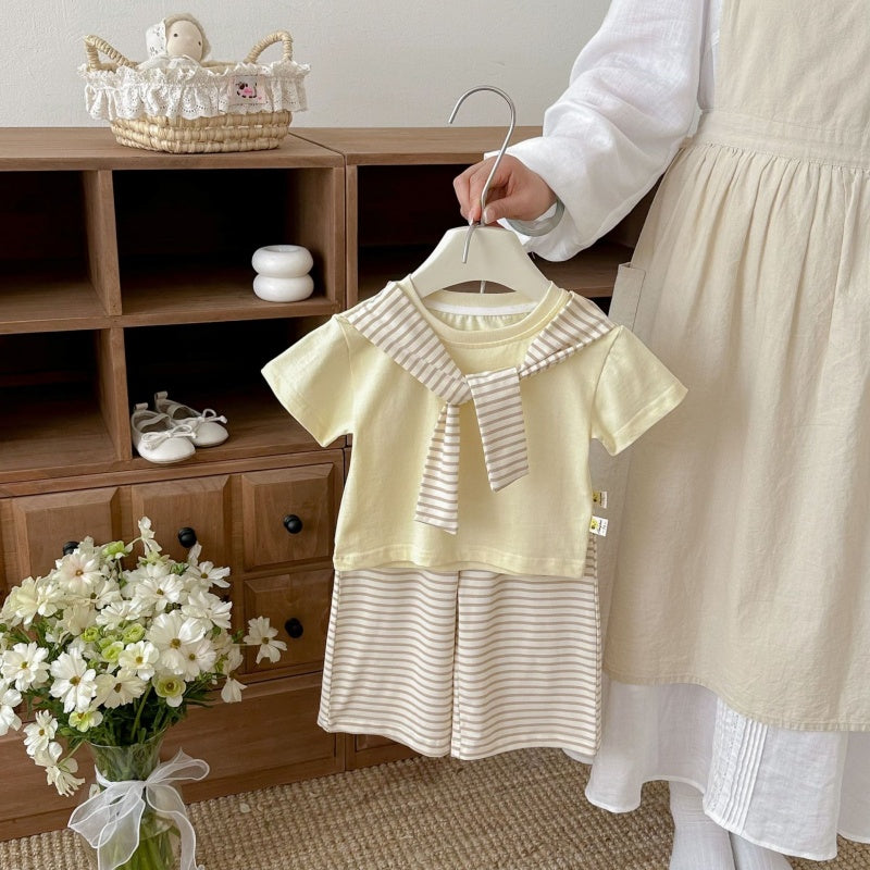 【BABY&KID】夏新作ケープ風半袖Tシャツ＆ボーダーワイドパンツSK105801
