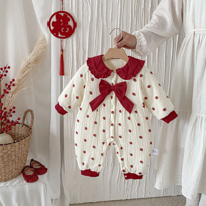【BABY】冬新作大きなリボン付きいちご裏起毛カバーオールSK102711