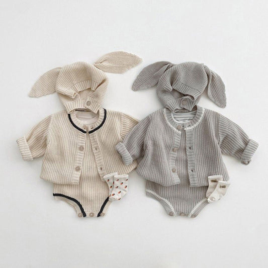 【BABY】無地ニットカーディガン、サロペットロンパース、大きな耳帽子SK101529