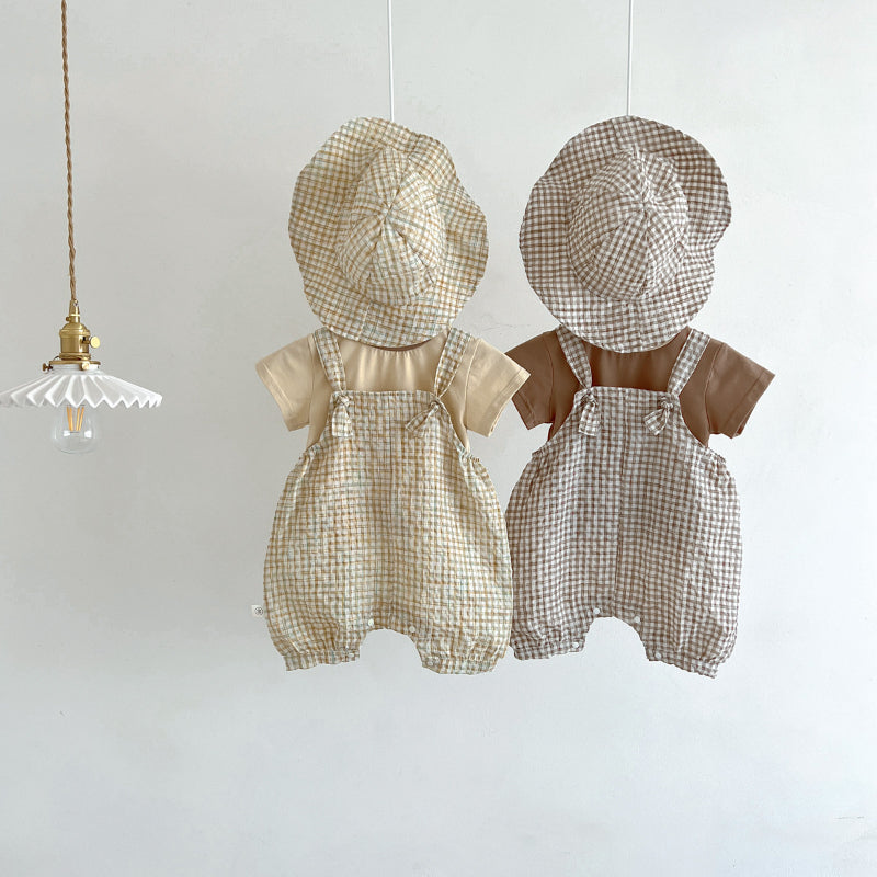 【BABY】夏新作 帽子付きチェックサロペット＆シャツ3点セットSK062602