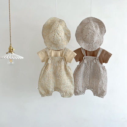 【BABY】夏新作 帽子付きチェックサロペット＆シャツ3点セットSK062602