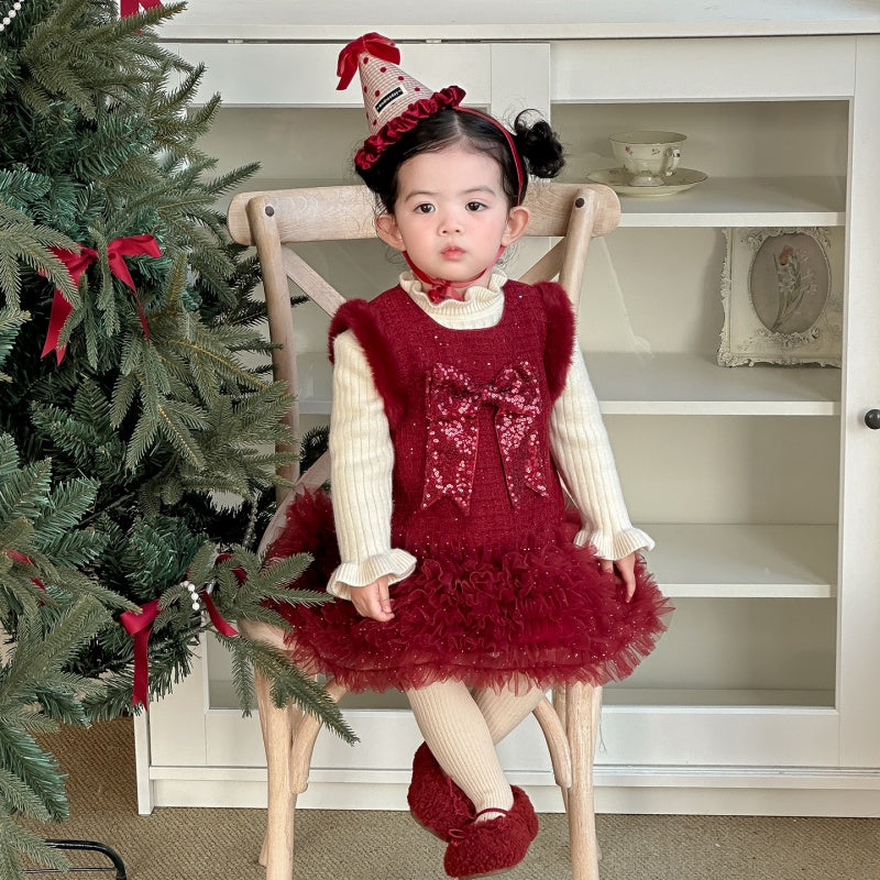 【BABY】冬新作蝶結びチュール厚手ワンピースSK103118