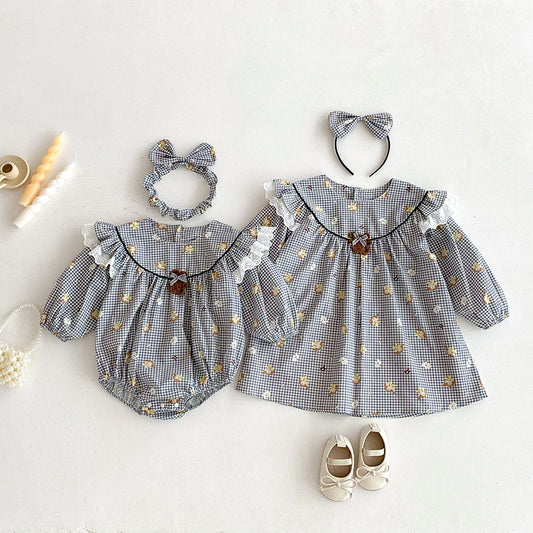 【姉妹服】チェックくまロンパース、ワンピースSK101121